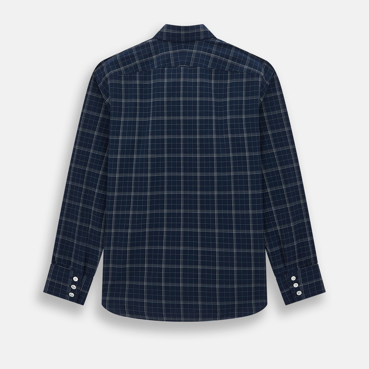 View 3 of product The Indigo and White Thin Plaid Check Windsor Shirt by Turnbull & Asser, a long-sleeve button-up with white buttons, is shown laid flat on a white background.