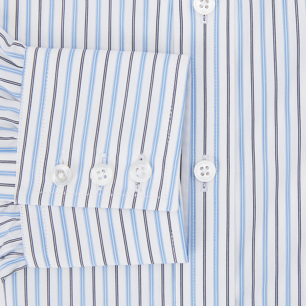 The Turnbull & Asser Blue Multi Halo Stripe Mayfair Shirt features long sleeves, a T&A collar with pointed tips, and buttoned cuffs, shown on a plain white background.