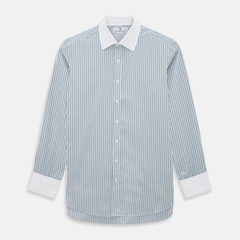 The Turnbull & Asser Green Double Stripe Shirt features a button-up design, contrast T&A collar and cuffs, and is laid flat on a white background.