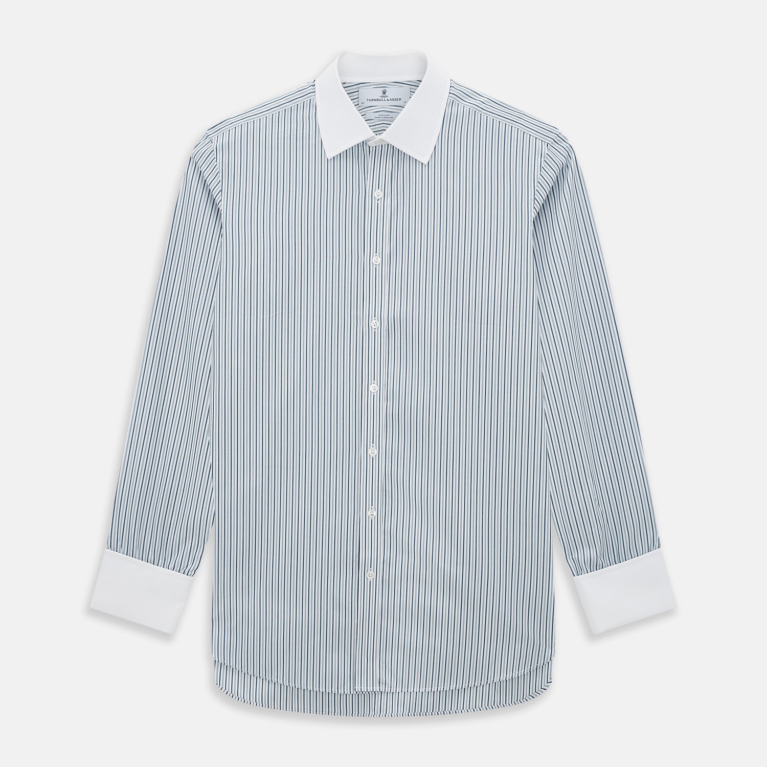 View 1 of product The Turnbull & Asser Green Double Stripe Shirt features a button-up design, contrast T&A collar and cuffs, and is laid flat on a white background.