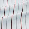 View 6 of product The Turnbull & Asser Burgundy Combination Stripe Mayfair Shirt features long sleeves, a classic T&A collar, and vertical black and burgundy stripes on white, laid flat against a plain white background.