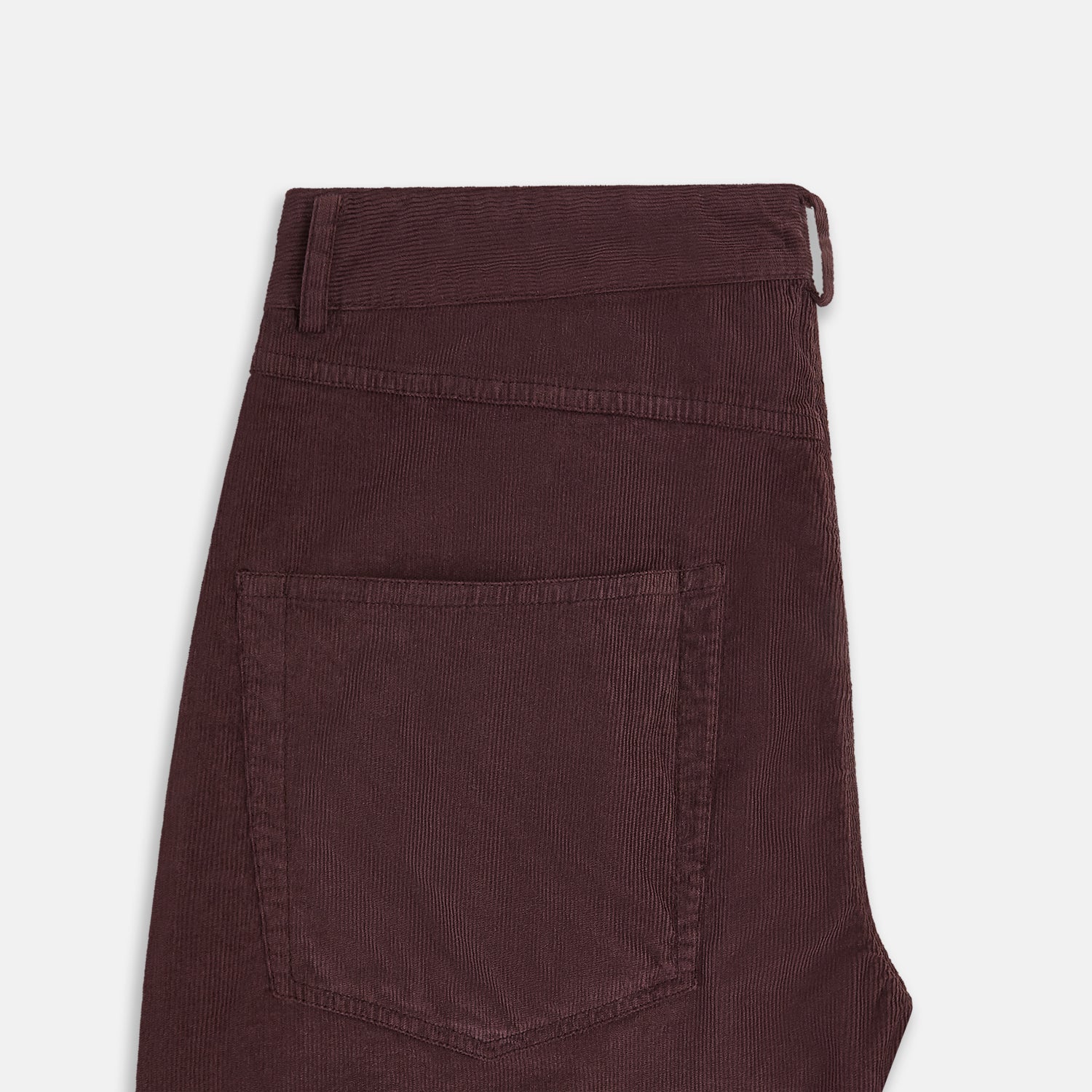 View 5 of product The Turnbull & Asser Burgundy Corduroy Charles Trousers are straight-leg stretch cotton pants in dark burgundy, featuring side and back pockets, shown against a plain white background.