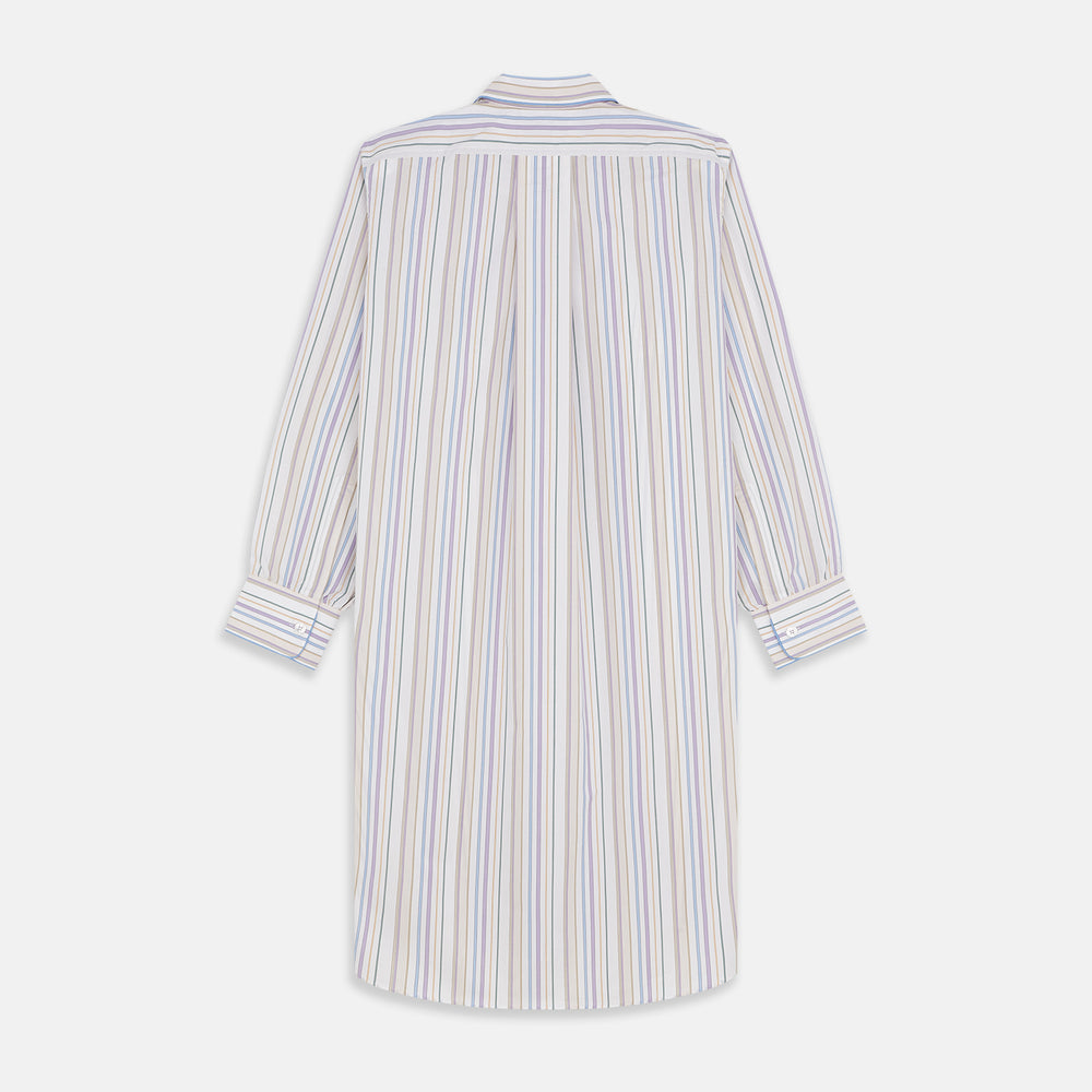 The Turnbull & Asser Colourful Garden Multi Stripe Cotton Sussex Nightshirt is UK-made, featuring vibrant stripes on white for timeless style and luxurious sleepwear comfort.