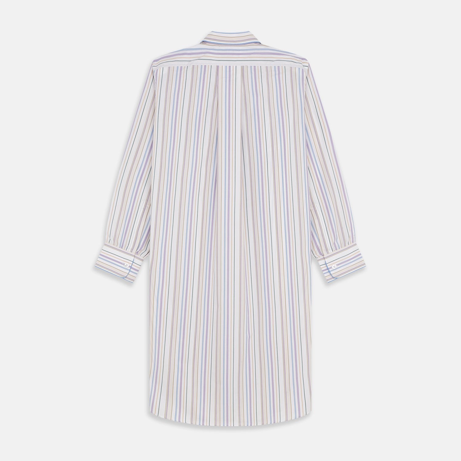 View 5 of product The Turnbull & Asser Colourful Garden Multi Stripe Cotton Sussex Nightshirt is UK-made, featuring vibrant stripes on white for timeless style and luxurious sleepwear comfort.