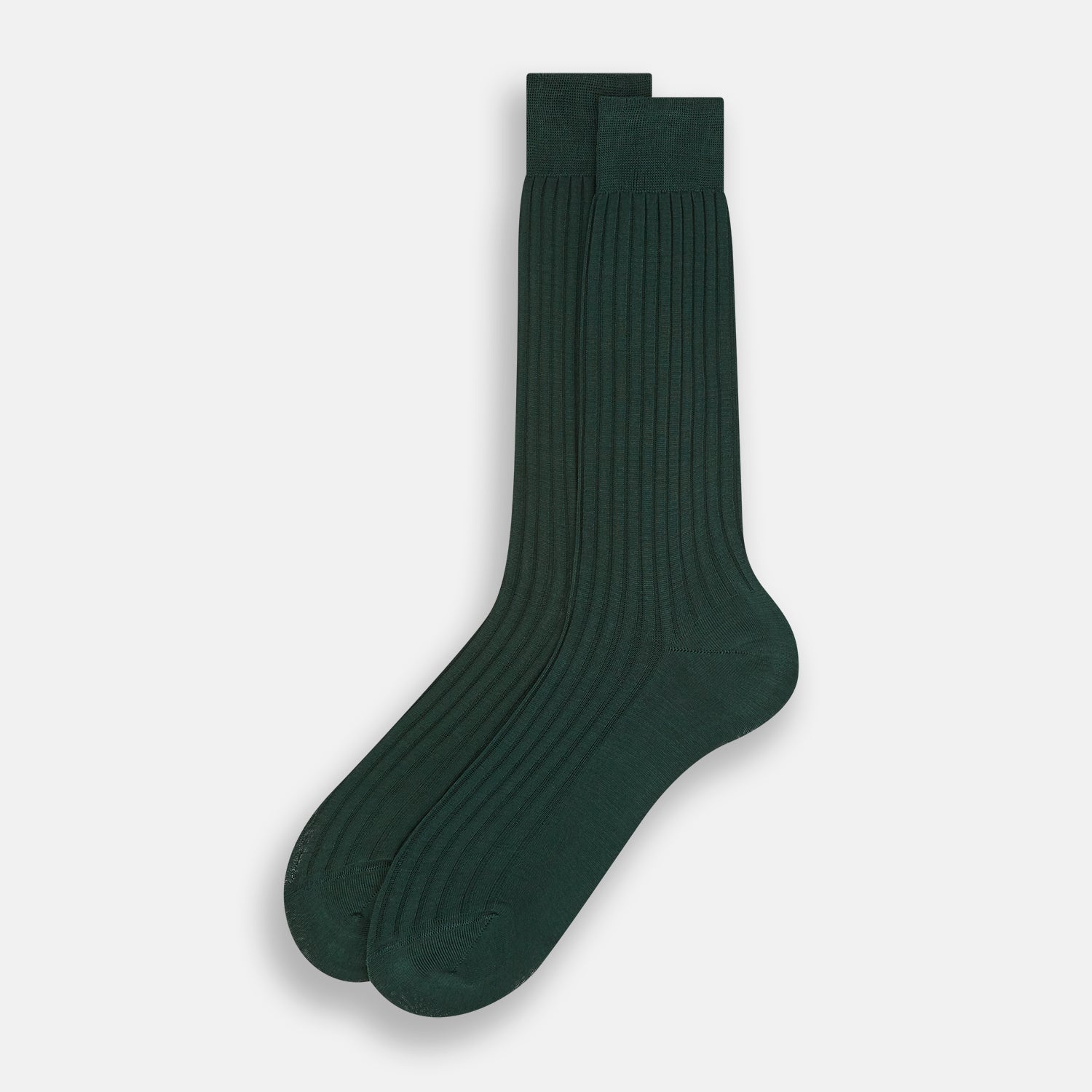 View 2 of product Turnbull & Asser's Olive Mid-Length Socks, crafted from mercerised Egyptian cotton in dark green with ribbed detailing, are displayed against a plain white background, showcasing refined comfort and enduring style.