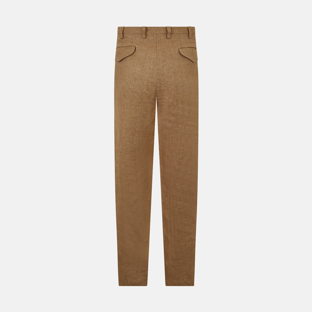 The Turnbull & Asser Camel Striped Linen Edmund trousers feature a straight-leg fit, button and zipper closure, belt loops, and pockets, crafted from lightweight summer fabric and shown against a white background.