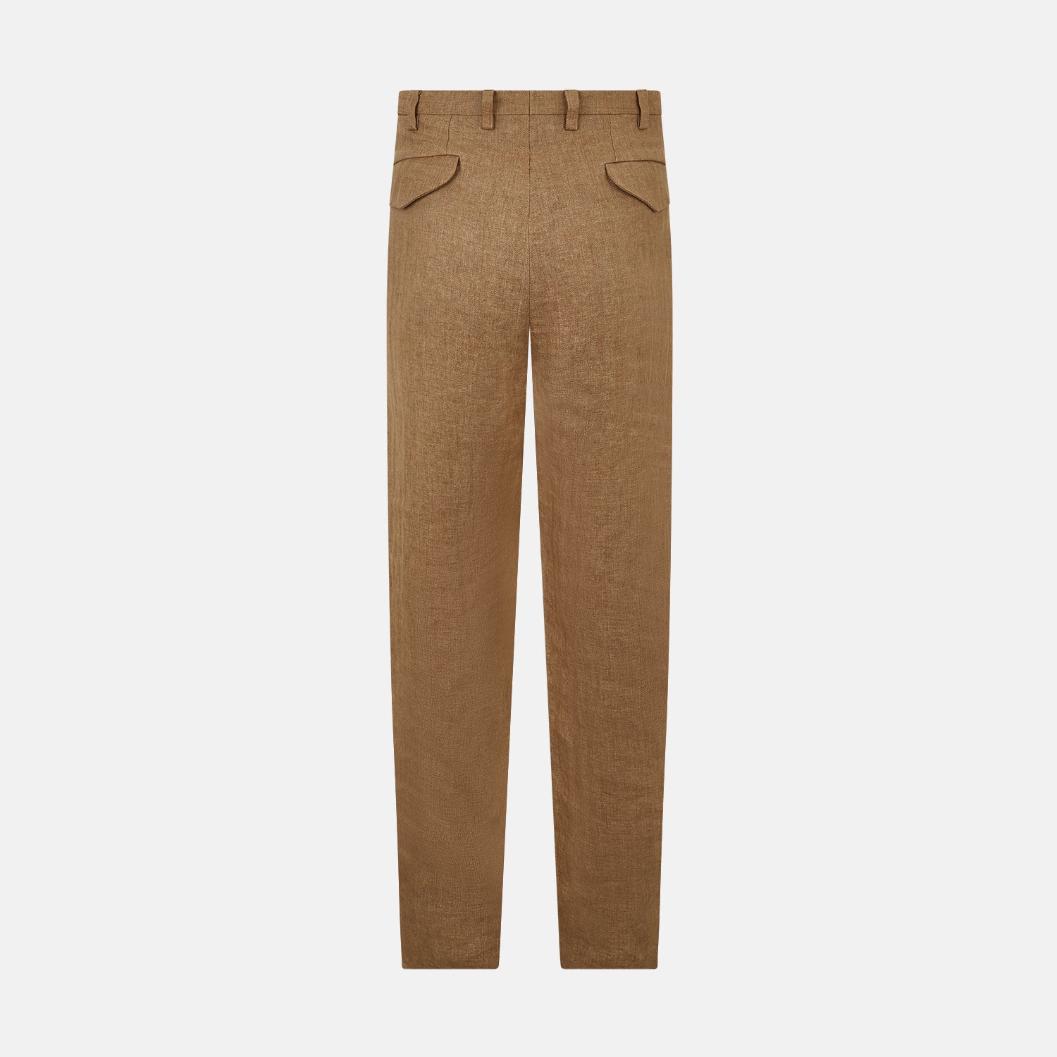 View 3 of product The Turnbull & Asser Camel Striped Linen Edmund trousers feature a straight-leg fit, button and zipper closure, belt loops, and pockets, crafted from lightweight summer fabric and shown against a white background.