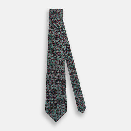 Forest Green and Red Weave Patterned Silk Tie Image 1