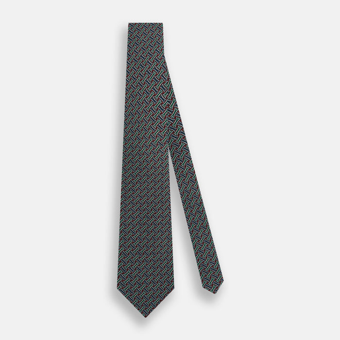 Forest Green and Red Weave-Patterned Printed Silk Tie Image 1