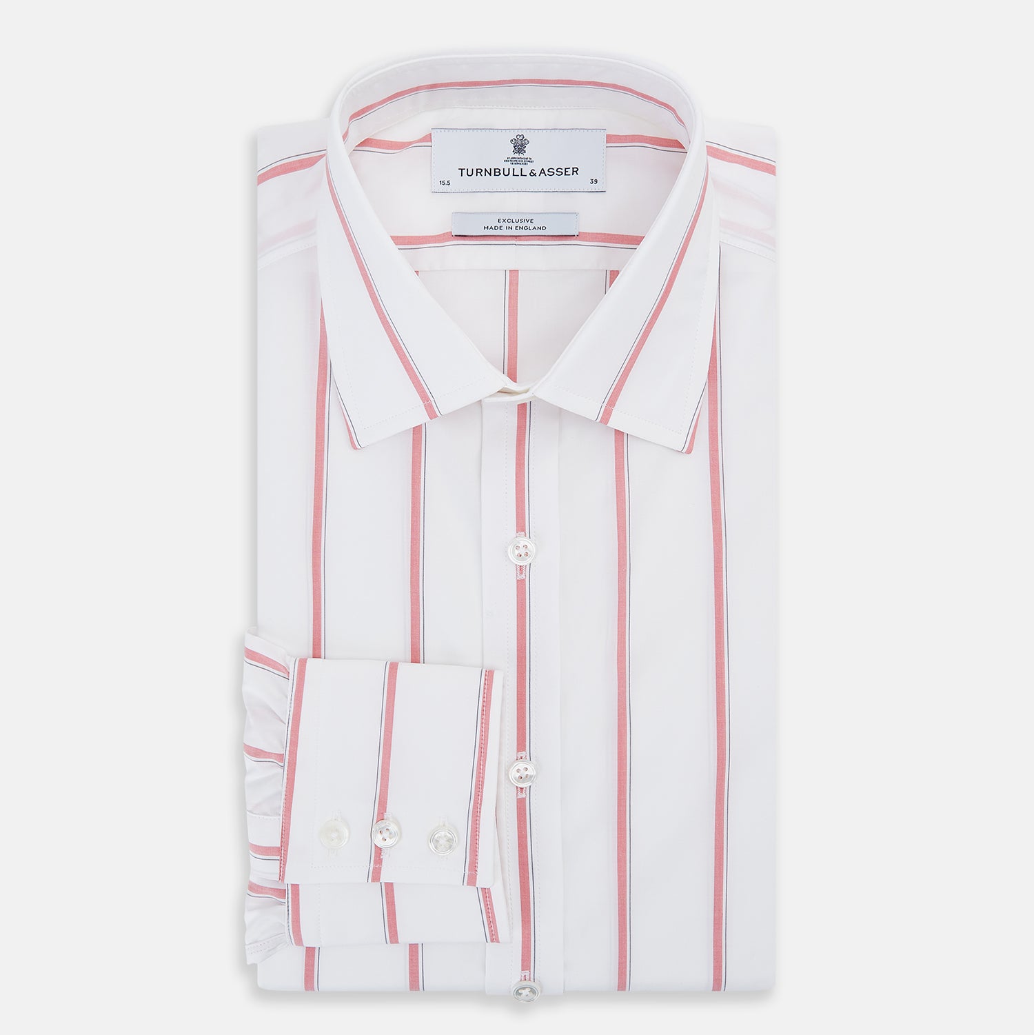 View 5 of product The Turnbull & Asser Coral Track Stripe Mayfair Shirt features a white Italian cotton fabric with vertical red stripes and a pointed T&A collar, shown against a plain light background.