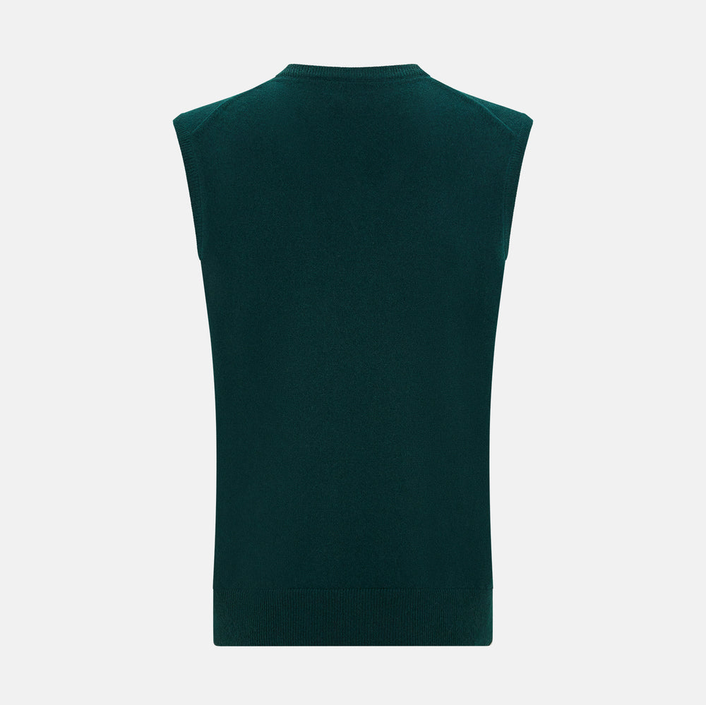 The Turnbull & Asser Moss Green Cashmere V-Neck Vest is a men's sleeveless knit sweater with a classic silhouette, shown against a plain white background.