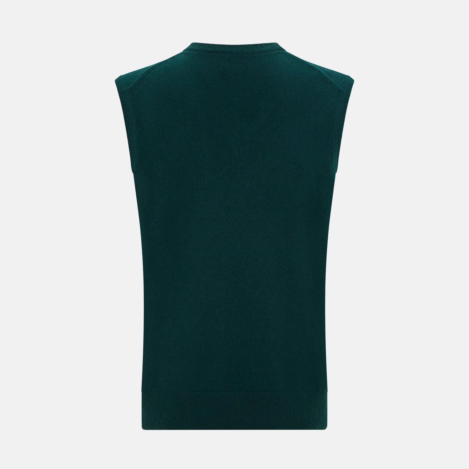 View 3 of product The Turnbull & Asser Moss Green Cashmere V-Neck Vest is a men's sleeveless knit sweater with a classic silhouette, shown against a plain white background.