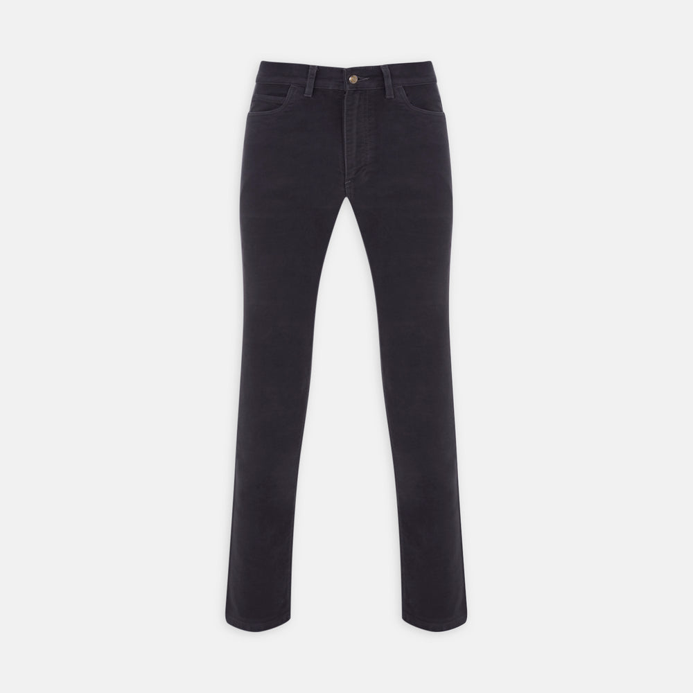 A pair of Turnbull & Asser 5 Pocket Boston Trousers, straight-leg with a dark wash, feature front and back pockets, a button closure, and belt loops, shown on a plain white background.