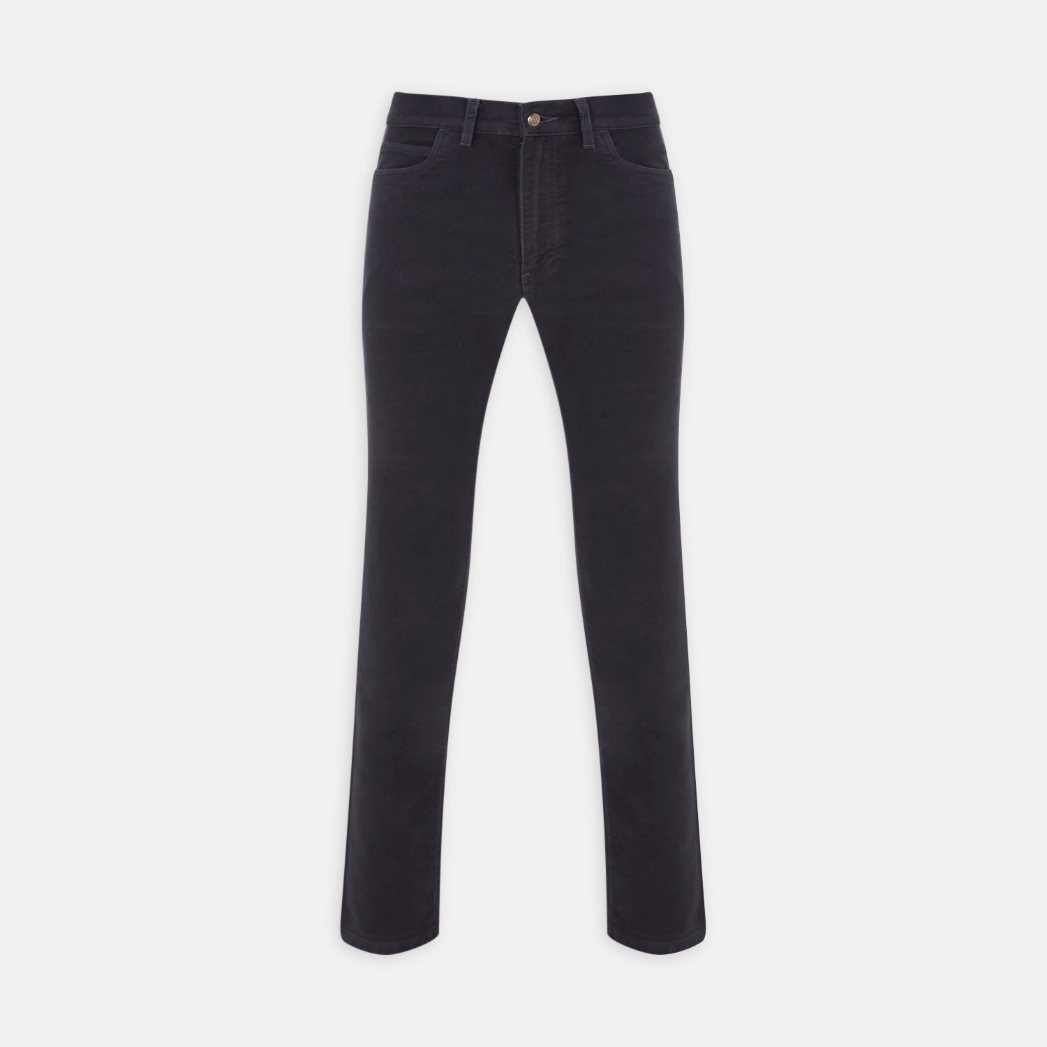 View 1 of product A pair of Turnbull & Asser 5 Pocket Boston Trousers, straight-leg with a dark wash, feature front and back pockets, a button closure, and belt loops, shown on a plain white background.