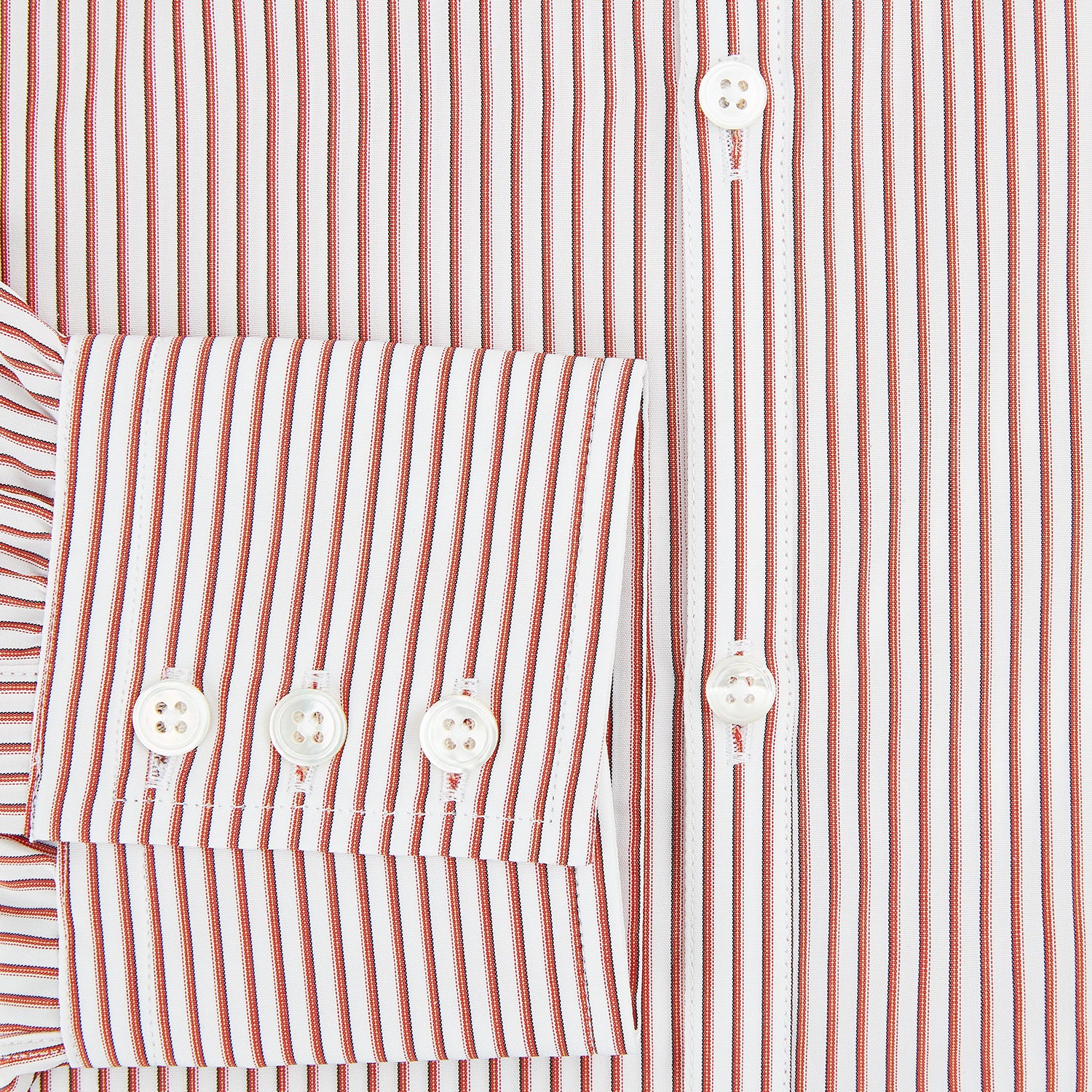 View 4 of product The Red Shadow Stripe Westminster Shirt by Turnbull & Asser features long sleeves, a Turnbull collar, thin red and white vertical stripes, white buttons, and showcases British craftsmanship against a plain white background.