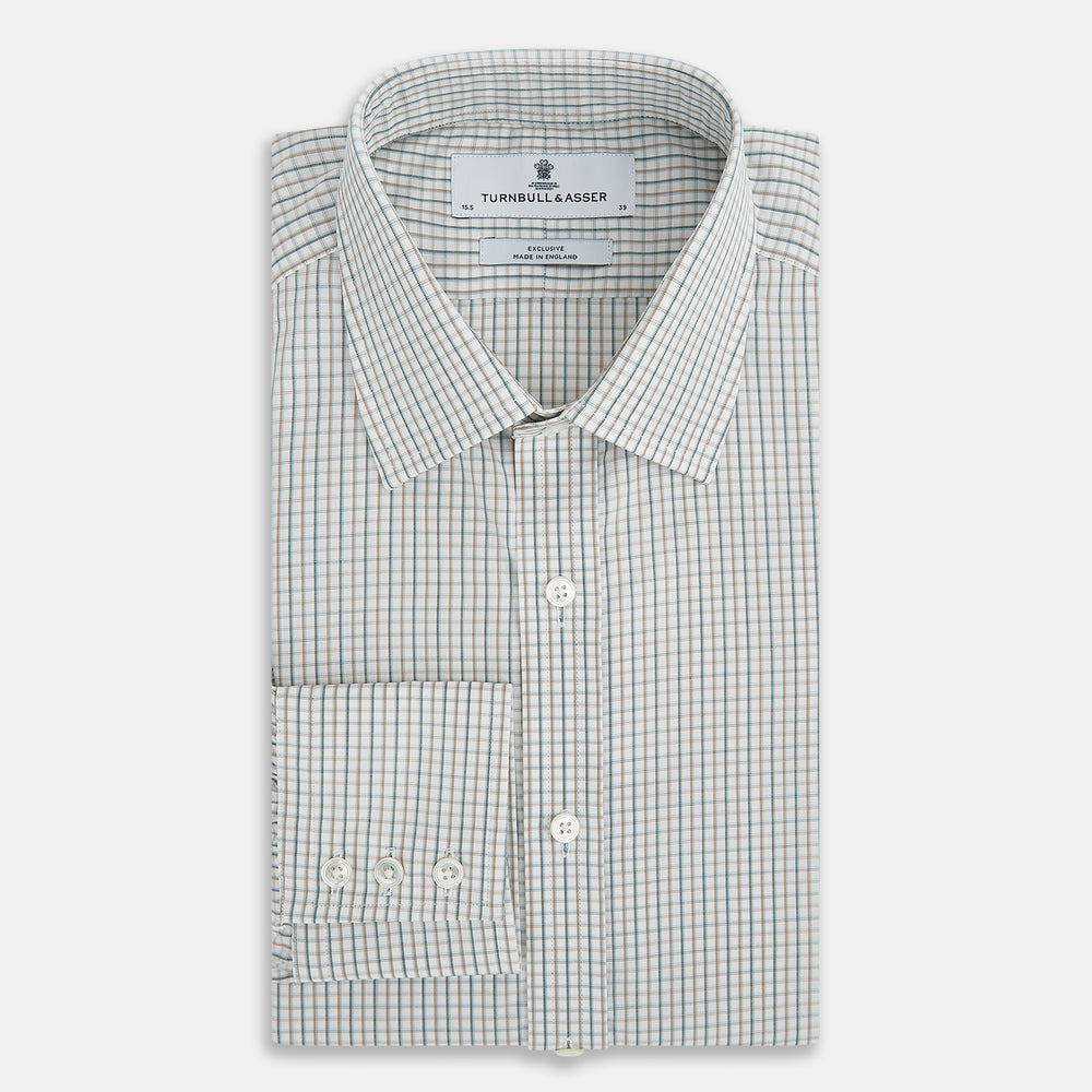 The Green and Brown Multi Check Mayfair Shirt by Turnbull & Asser, crafted from Italian cotton with a classic collar and buttoned cuffs, is laid flat on a white background.