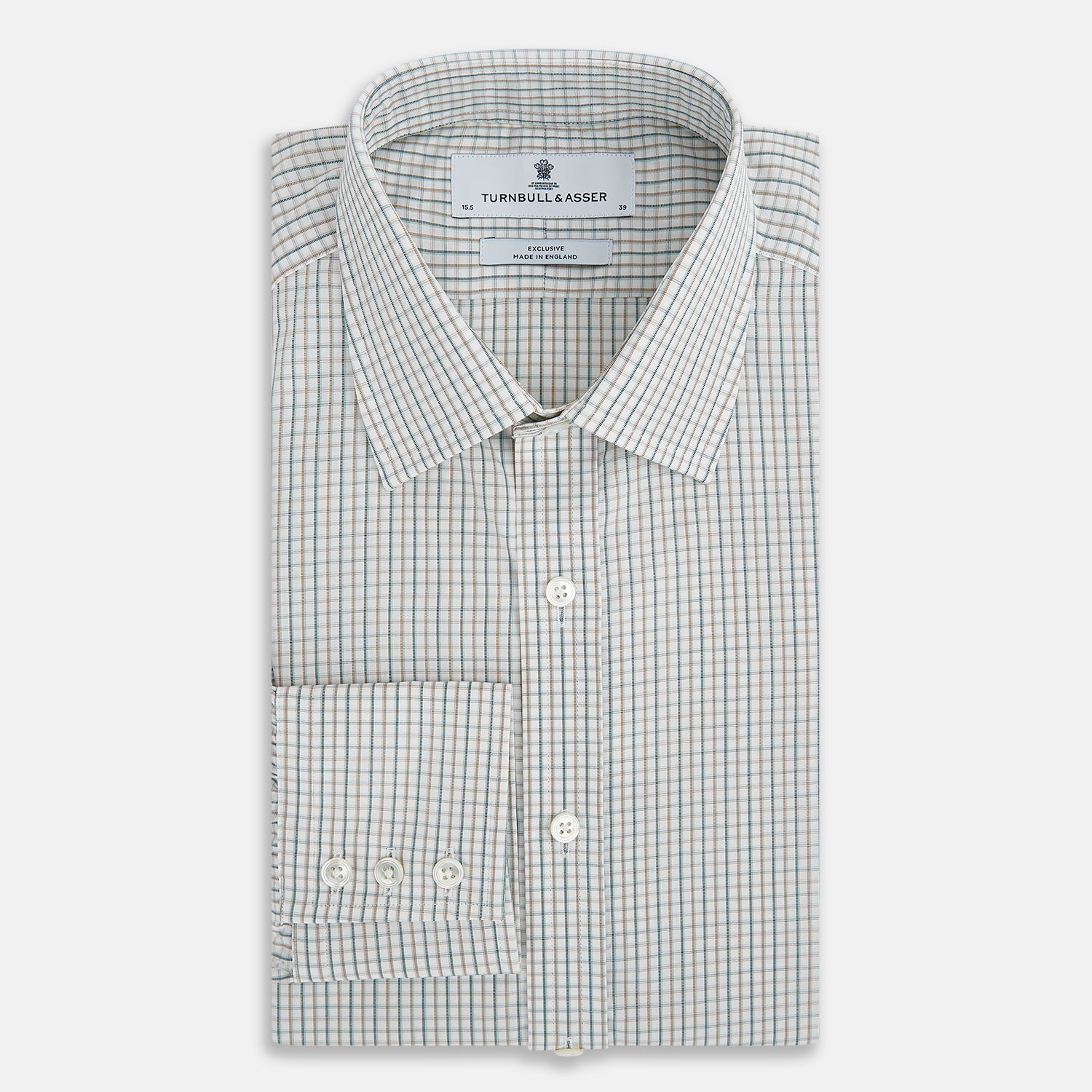 View 5 of product The Green and Brown Multi Check Mayfair Shirt by Turnbull & Asser, crafted from Italian cotton with a classic collar and buttoned cuffs, is laid flat on a white background.