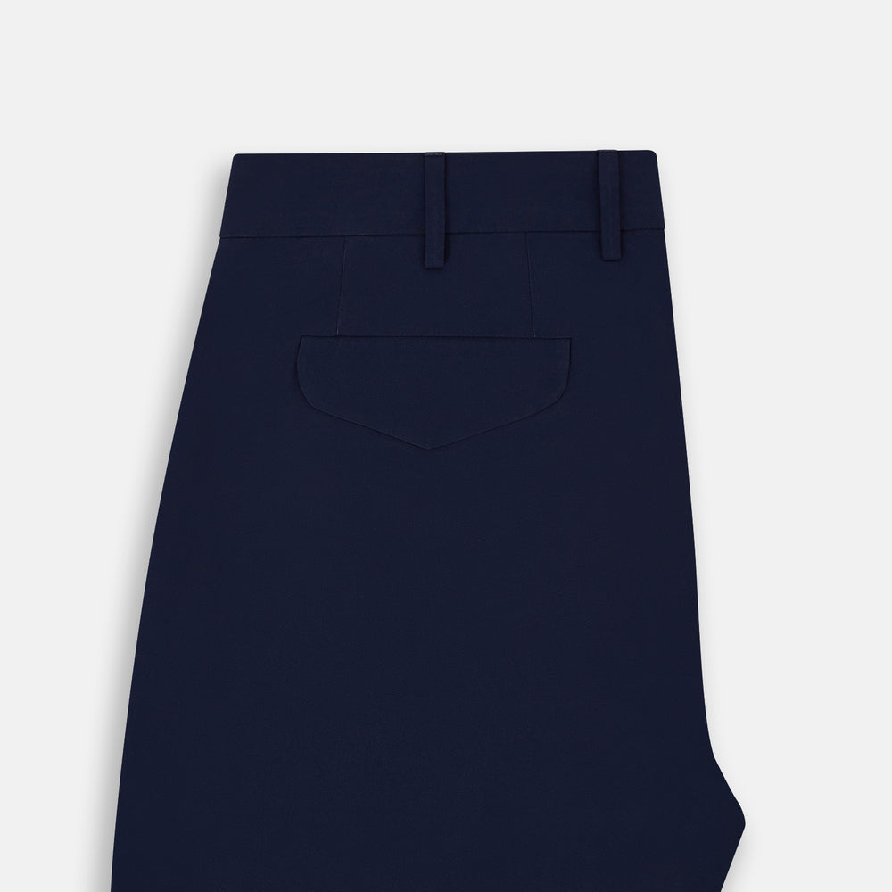 Turnbull & Asser Navy Winston Trousers in high-twist cotton, featuring a straight-leg cut, button and zipper closure, belt loops, and side pockets, displayed on a plain white background.