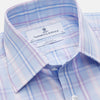 View 4 of product The Turnbull & Asser Pink and Light Blue Check Cotton Regular Fit Mayfair Shirt features long sleeves, buttoned cuffs, a T&A collar, and is shown laid flat on a white background.