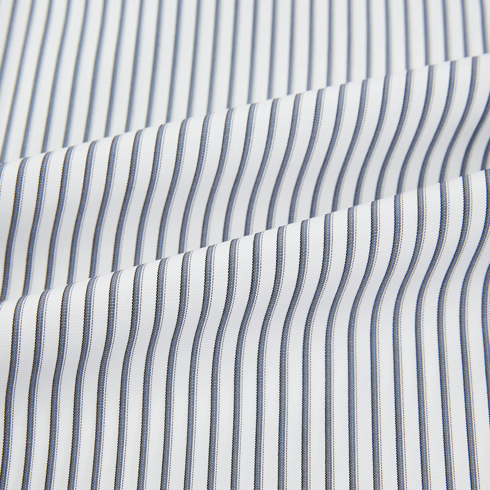 The Turnbull & Asser Grey Multi Stripe Mayfair Shirt features long sleeves, a classic collar, and thin vertical stripes in black and white, shown laid flat on a white background.