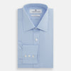 View 4 of product The Turnbull & Asser Blue Cotton Shirt features a T&A collar, 3-button cuffs, and white buttons—ideal for navy suits or smart looks. Laid flat on a white background.