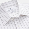 View 4 of product The Turnbull & Asser Black Fine Stripe Cotton Regular Fit Mayfair Shirt features a T&A collar, buttoned cuffs, and black fine stripes, displayed flat on a white background.