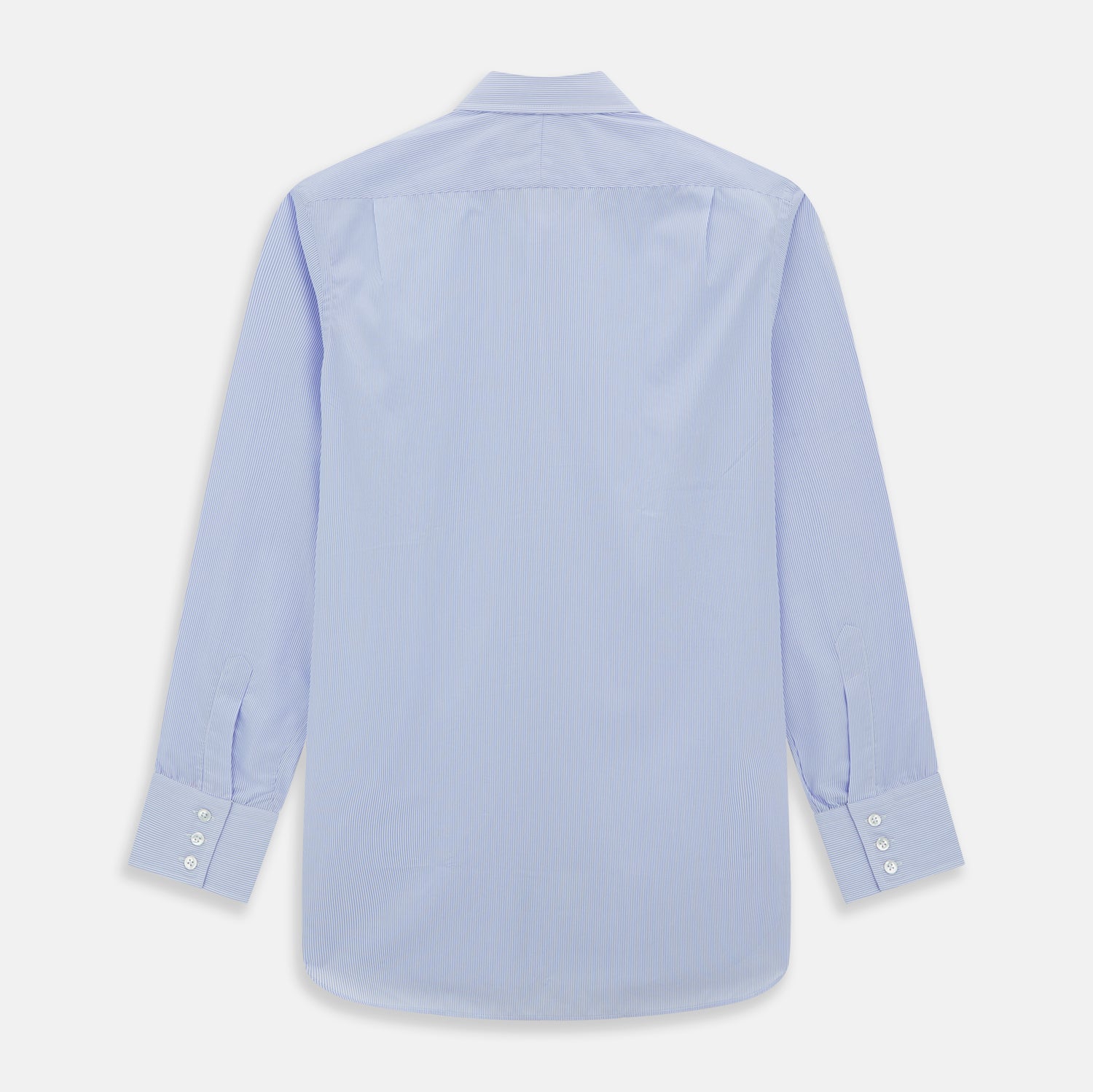 View 5 of product Turnbull & Asser Blue and White Fine Bengal Stripe Sea Island Quality Cotton Shirt, featuring a T&A collar, long sleeves, white buttons, and 3-button cuffs. Shown flat on a white background for a classic formal look.