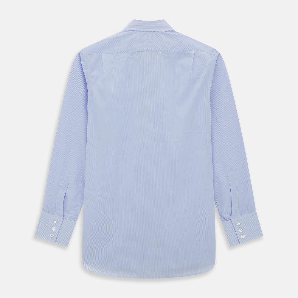 A Blue and White Fine Bengal Stripe Sea Island Quality Cotton Shirt by Turnbull & Asser, featuring a T&A collar and 3-button cuffs, is laid flat on a white background.