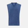 View 1 of product The Turnbull & Asser Blue V-Neck Sleeveless Cashmere Vest features a ribbed hem and is shown against a plain white background.