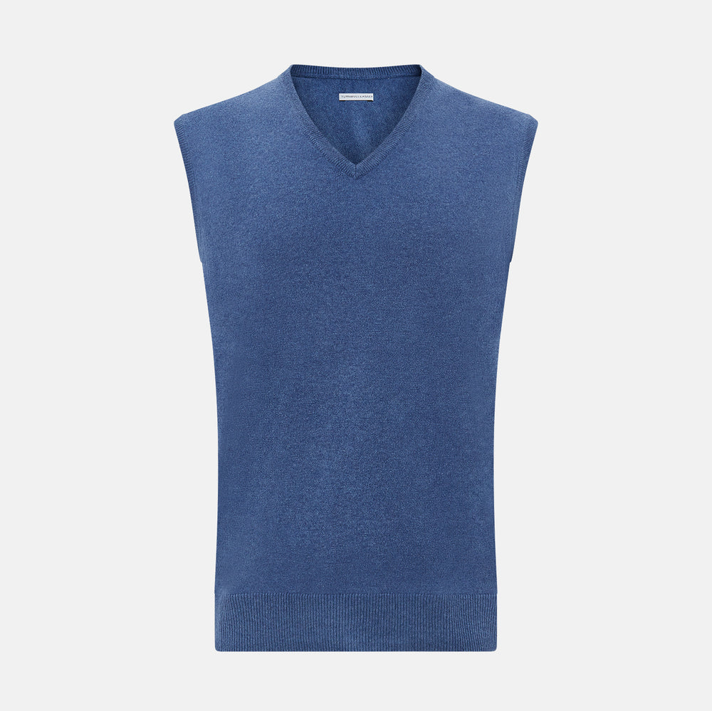 The Turnbull & Asser Blue V-Neck Sleeveless Cashmere Vest features a ribbed hem and is shown against a plain white background.