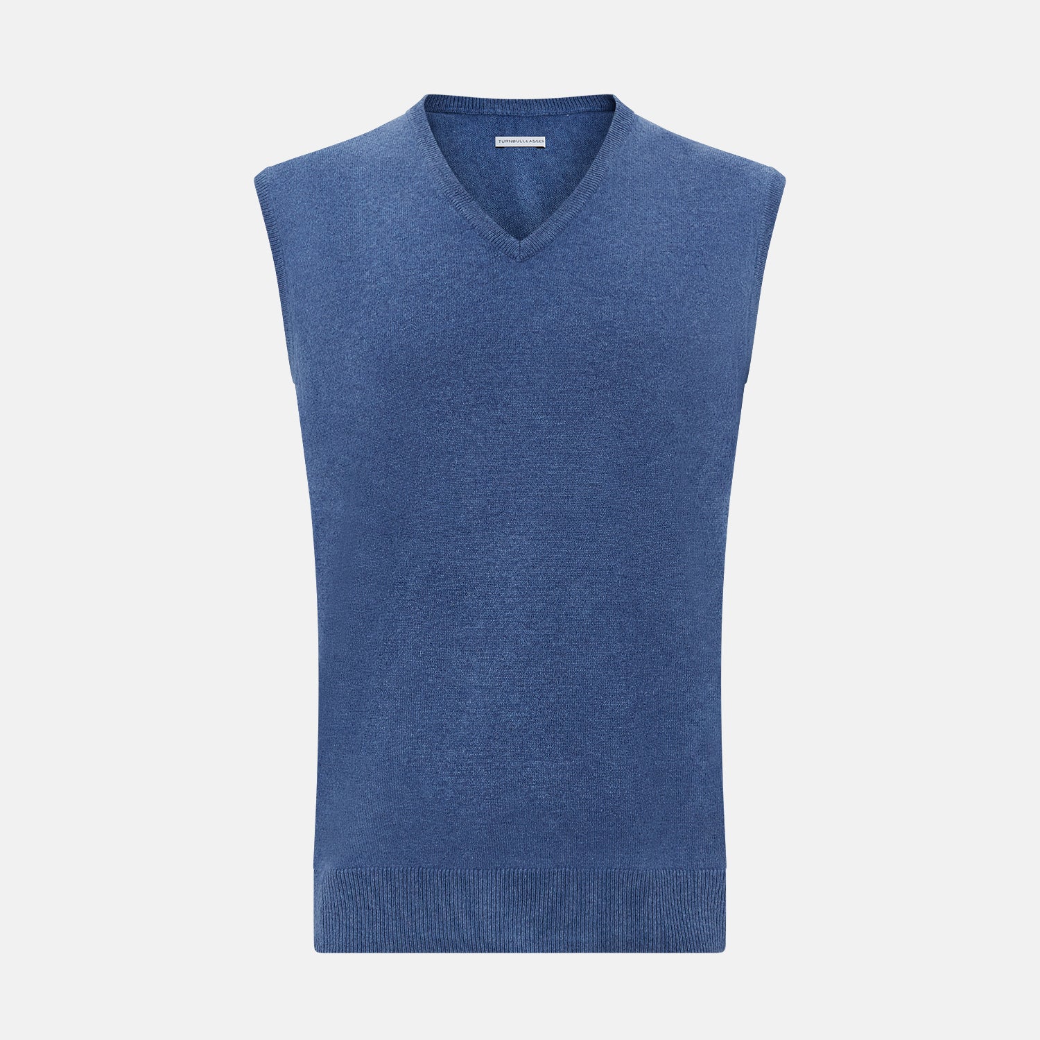 View 1 of product The Turnbull & Asser Blue V-Neck Sleeveless Cashmere Vest features a ribbed hem and is shown against a plain white background.