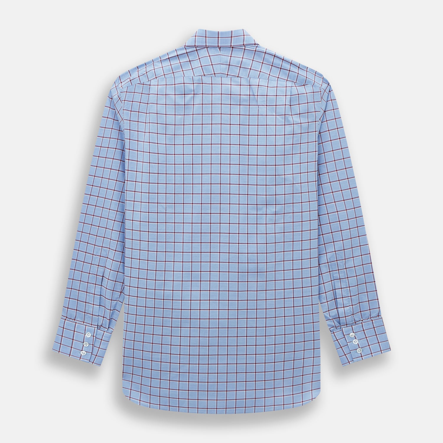 View 3 of product The Turnbull & Asser Blue and Burgundy Windowpane Mayfair Shirt features long sleeves, a light blue base with burgundy windowpane checks, a classic collar, and white buttons.