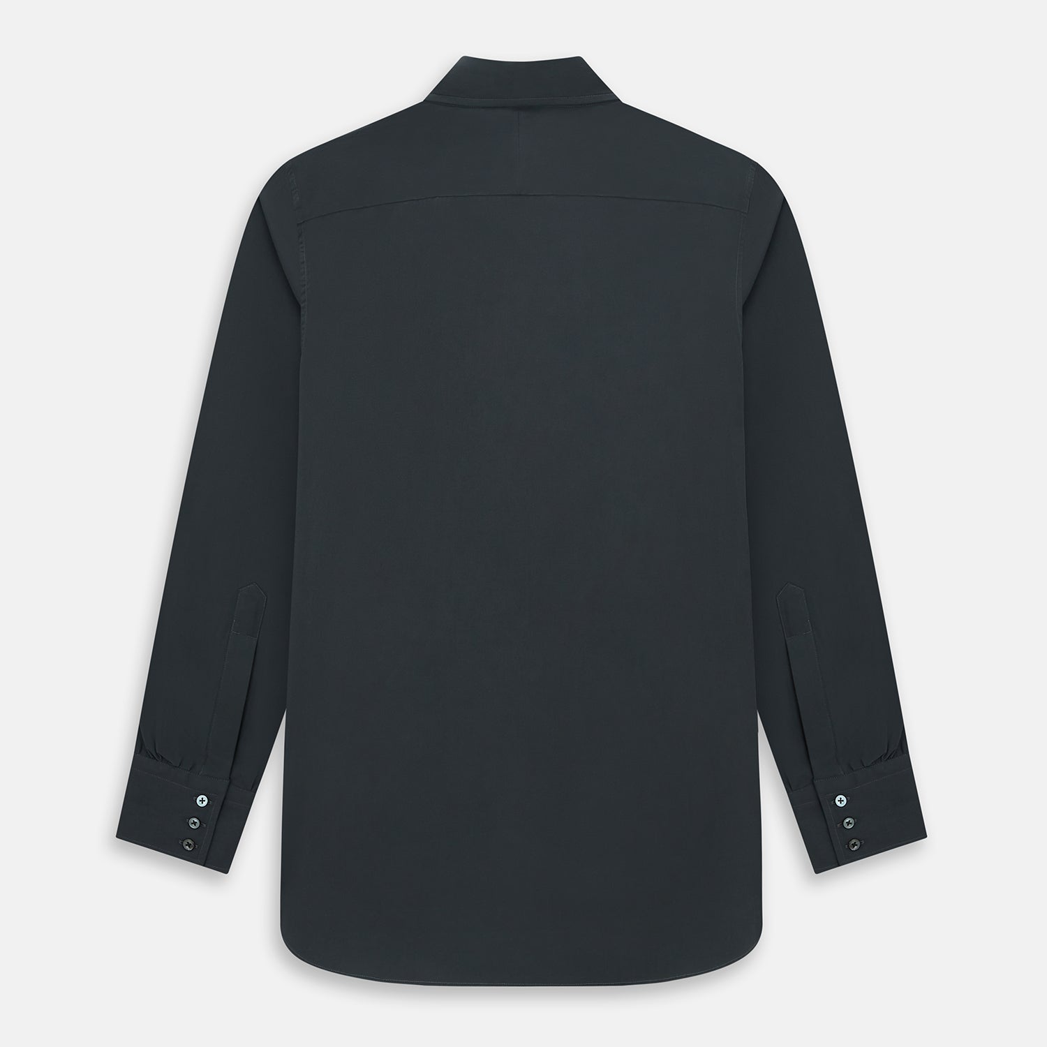 View 3 of product The Charcoal Windsor Shirt by Turnbull & Asser is a black, long-sleeve button-up with a pointed Windsor collar, buttoned cuffs, and a straight hem, shown flat on a white background.