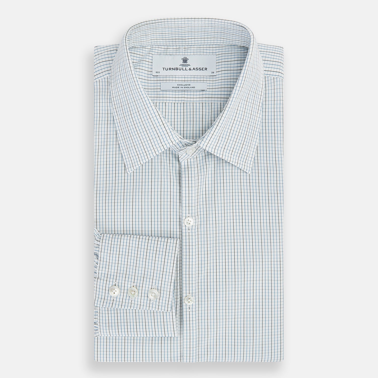 View 5 of product The Pale Blue and Navy Grid Check Westminster Shirt by Turnbull & Asser features a button-down front and pointed collar, highlighting fine British craftsmanship, displayed on a white background.