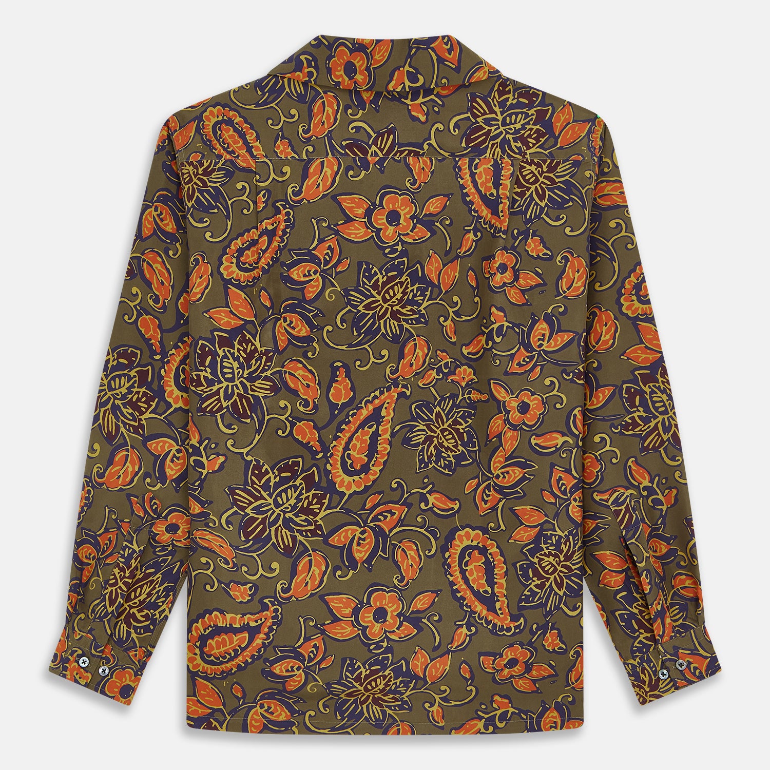 View 5 of product The Turnbull & Asser Khaki Green Floral Silk Holiday Fit Winnington Shirt features a bold floral print with orange, yellow, and purple on an olive background, plus a spread collar and chest pocket for versatile style.