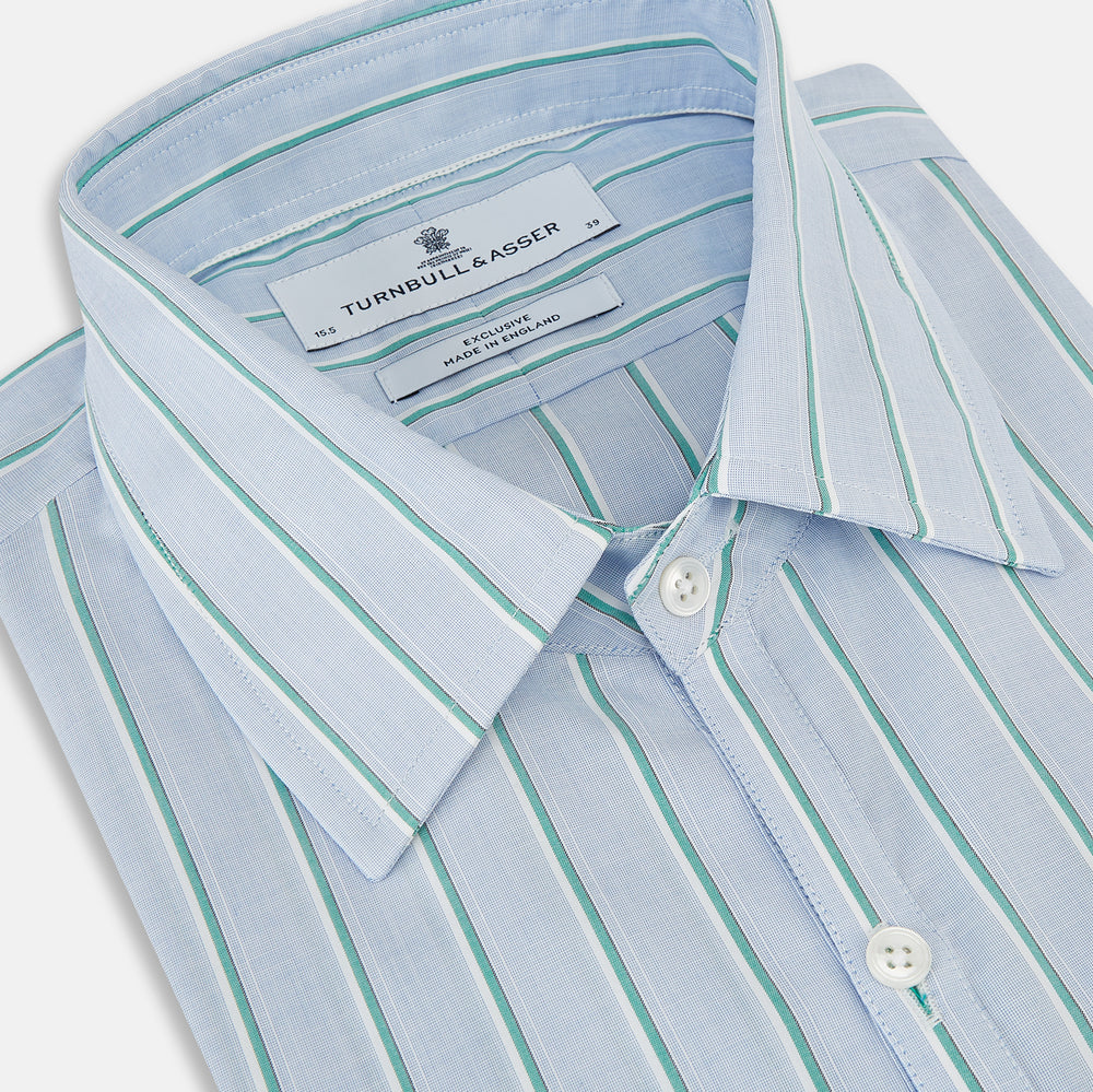 Blue and green multi-stripe Westminster shirt by Turnbull & Asser, featuring a pointed collar and buttoned cuffs—a refined example of British craftsmanship on a plain white background.