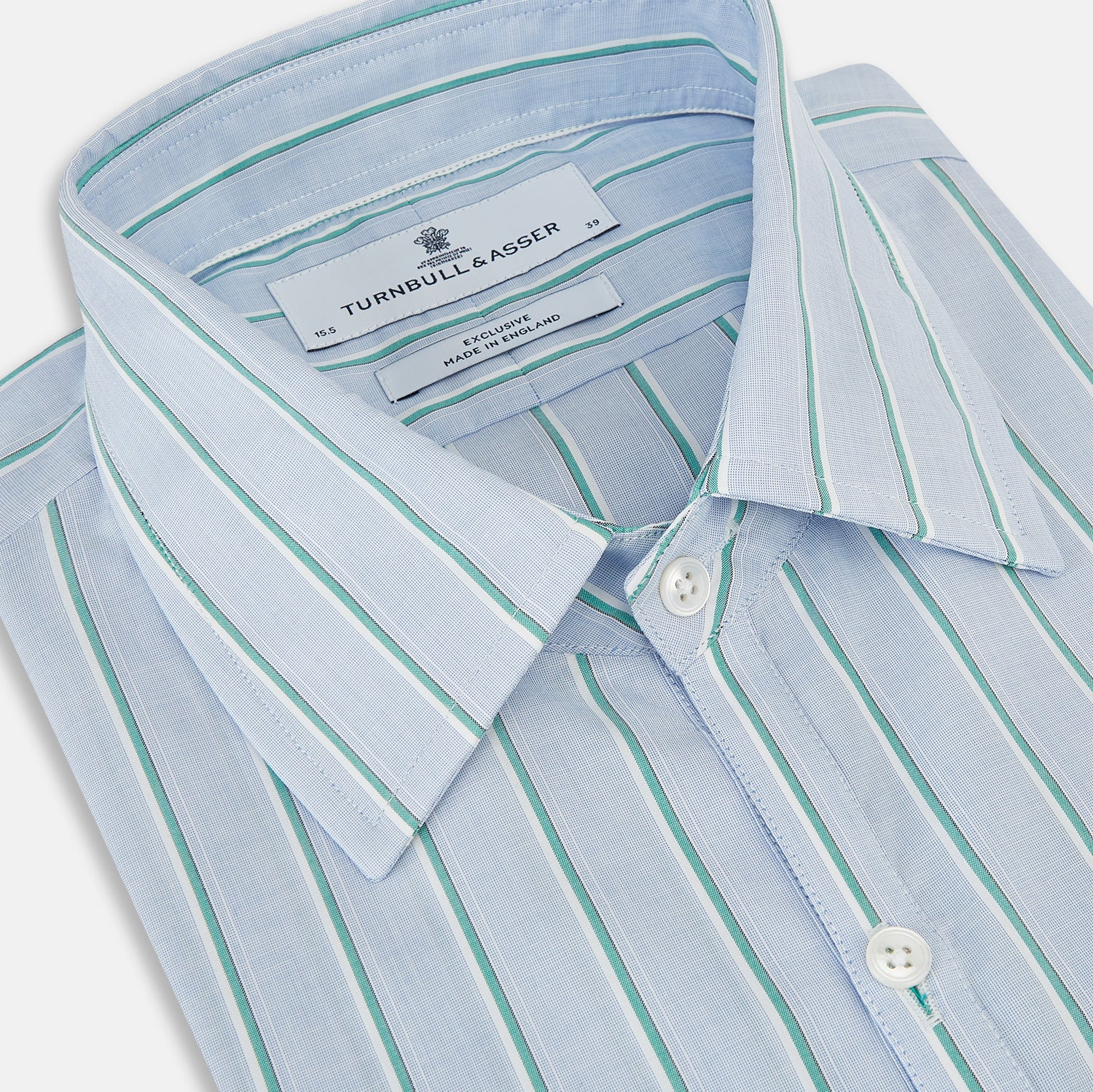 View 2 of product Blue and green multi-stripe Westminster shirt by Turnbull & Asser, featuring a pointed collar and buttoned cuffs—a refined example of British craftsmanship on a plain white background.