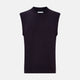 The Turnbull & Asser Dark Purple Fine Merino V-Neck Vest features ribbed edges and a sleeveless design, ideal for a gentleman’s style in cooler seasons, and is displayed on a plain white background.
