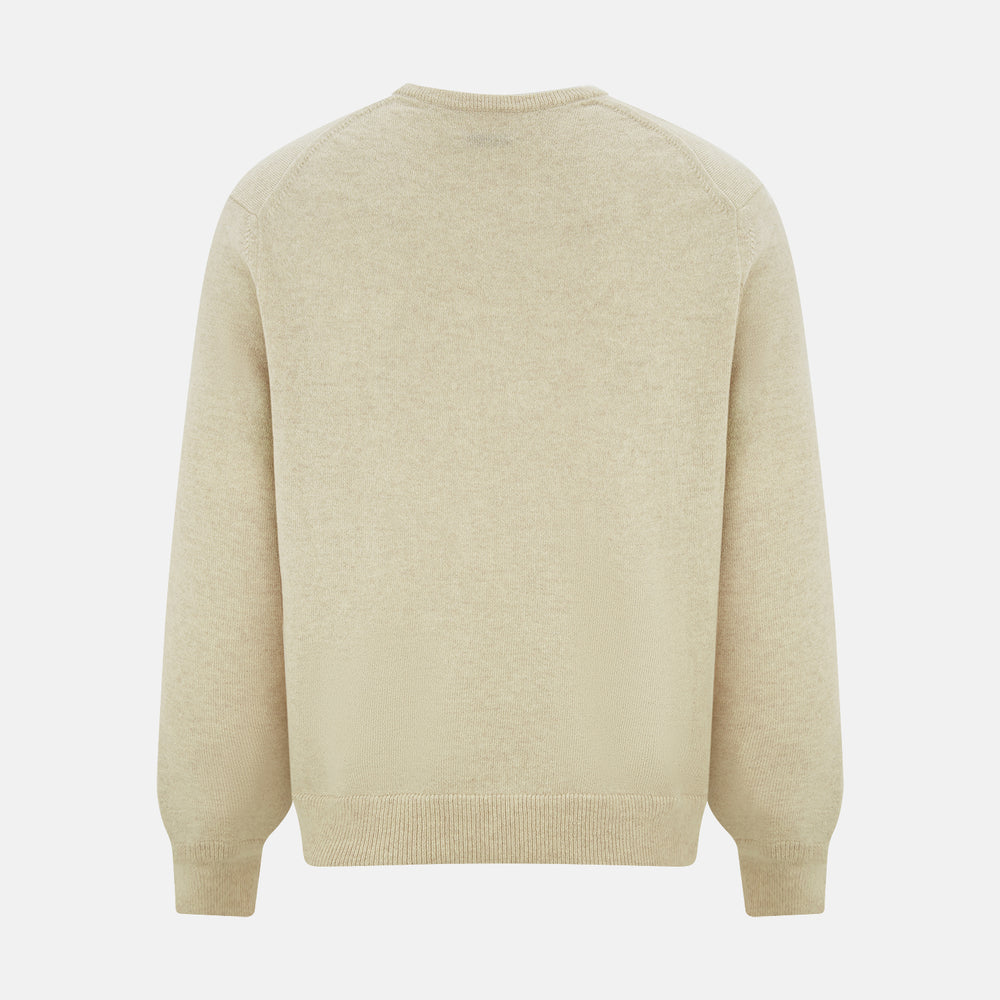 The Turnbull & Asser Ivory Cashmere V-Neck Jumper, with long sleeves and ribbed cuffs and hem, is shown against a plain white background.