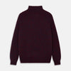 View 6 of product The Turnbull & Asser Burgundy Mullion Half Zip Rib Cashmere Jumper features a high collar and half-zip front in dark red and navy cashmere, shown laid flat on a white background—ideal for an elevated casual look.