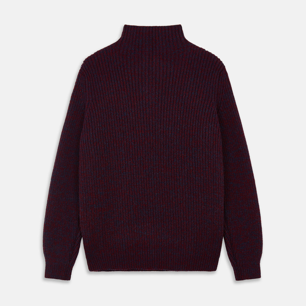 The Turnbull & Asser Burgundy Mullion Half Zip Rib Cashmere Jumper features a high collar and half-zip front in dark red and navy cashmere, shown laid flat on a white background—ideal for an elevated casual look.