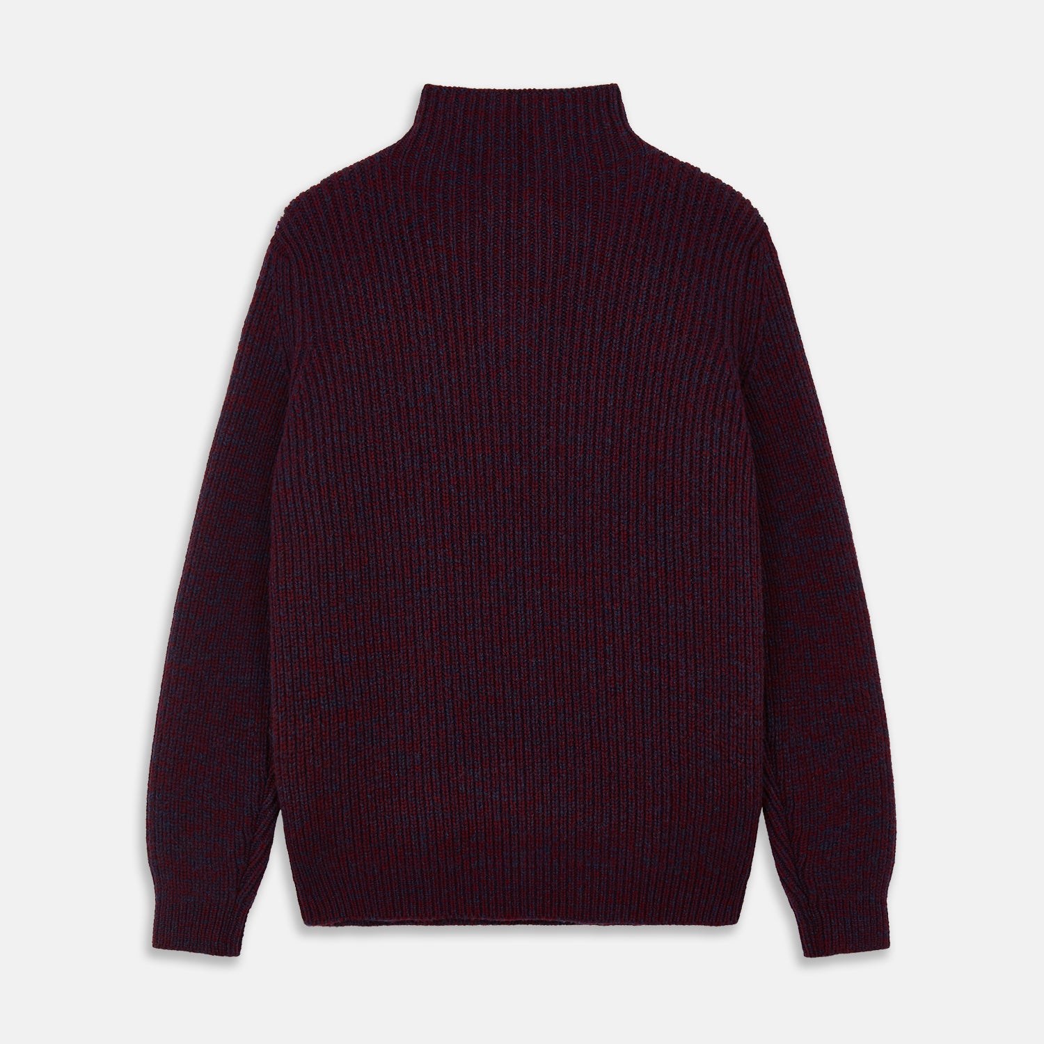 View 6 of product The Turnbull & Asser Burgundy Mullion Half Zip Rib Cashmere Jumper features a high collar and half-zip front in dark red and navy cashmere, shown laid flat on a white background—ideal for an elevated casual look.