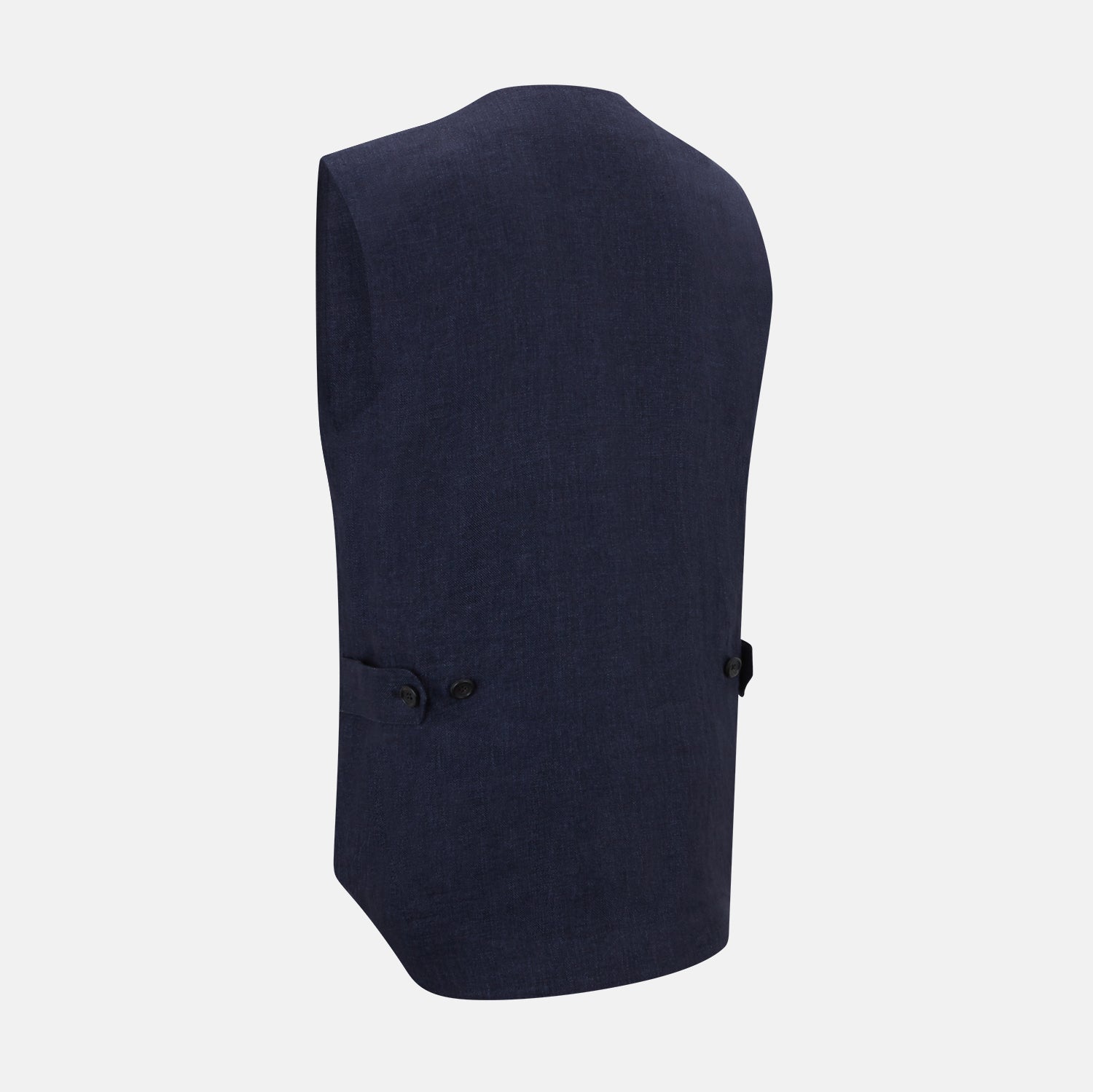 View 4 of product The Turnbull & Asser Navy Linen Twill Waistcoat is a sleeveless V-neck vest featuring two zippered side pockets and a chest pocket, shown on a plain white background.