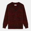 View 1 of product The Turnbull & Asser Russet Red Melange Wool Hafod Cricket Jumper features maroon and black speckles, a V-neck, long sleeves, and ribbed cuffs and hem, displayed flat on a white background.