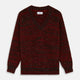 The Turnbull & Asser Russet Red Melange Wool Hafod Cricket Jumper features maroon and black speckles, a V-neck, long sleeves, and ribbed cuffs and hem, displayed flat on a white background.