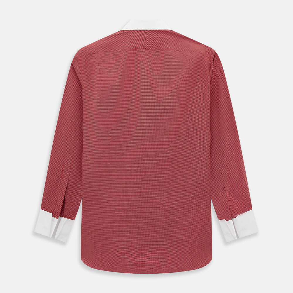 The Turnbull & Asser Dark Red Pin Check Shirt features a crisp white contrast collar and cuffs, with long sleeves and button-up design, shown against a white background.