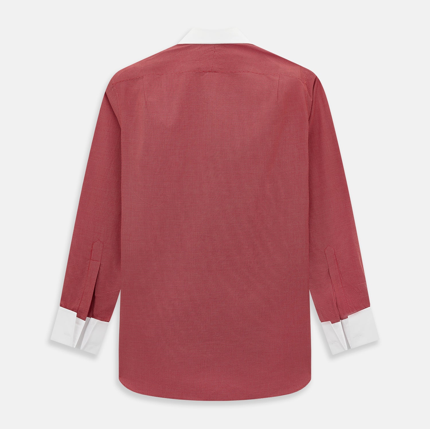 View 3 of product The Turnbull & Asser Dark Red Pin Check Shirt features a crisp white contrast collar and cuffs, with long sleeves and button-up design, shown against a white background.