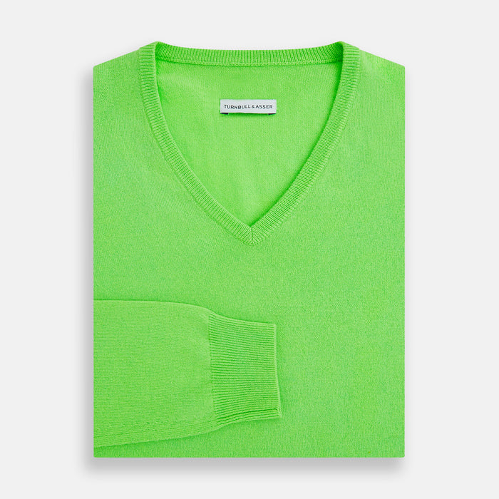 Bright Green Cashmere V-Neck Jumper Image 3