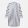 View 3 of product The Turnbull & Asser Navy Double Stripe Quarzo Nightshirt, a knee-length Italian cotton nightshirt with navy and white vertical stripes, collar, chest pocket, and button-down front, is displayed flat on a white background.