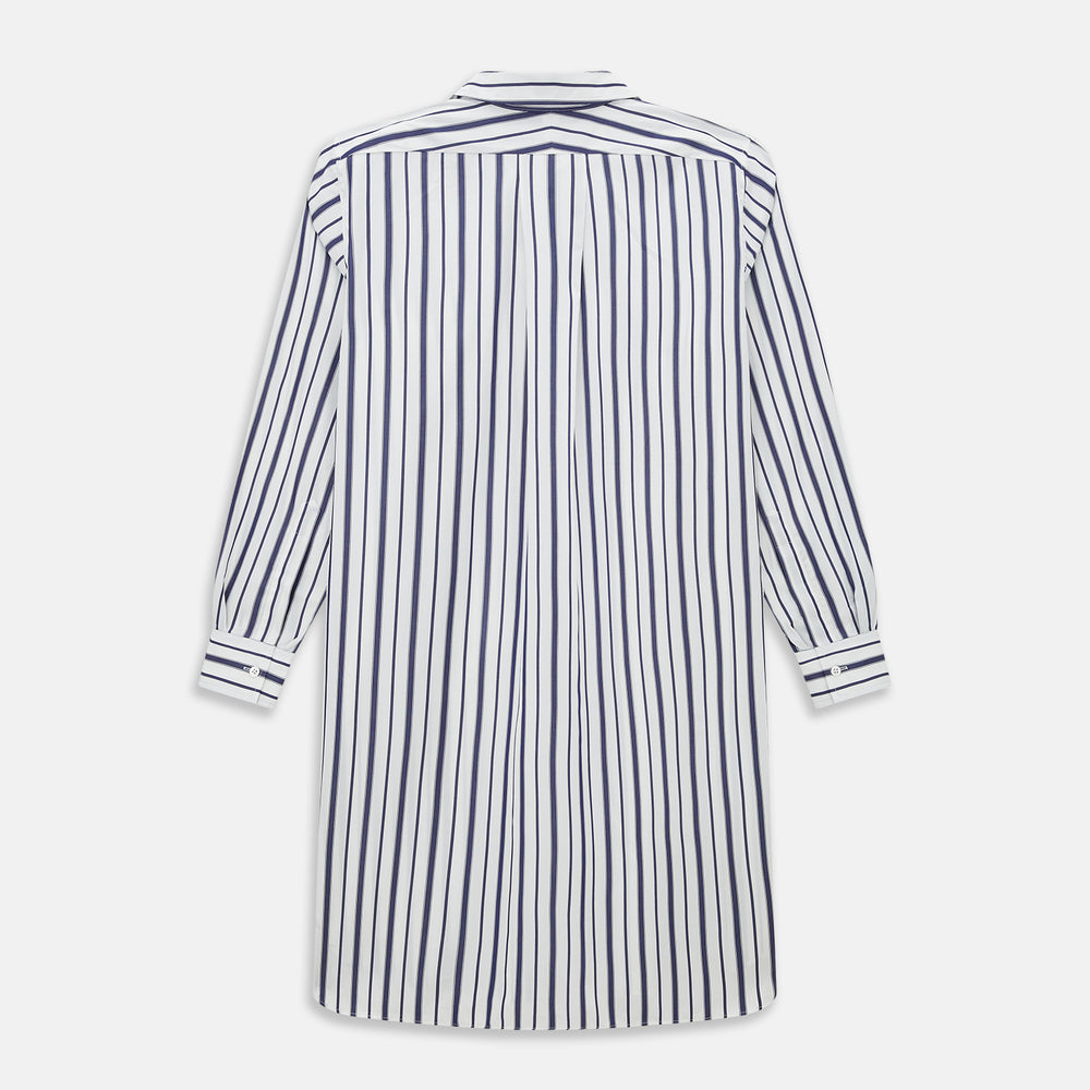 The Turnbull & Asser Navy Double Stripe Quarzo Nightshirt, a knee-length Italian cotton nightshirt with navy and white vertical stripes, collar, chest pocket, and button-down front, is displayed flat on a white background.